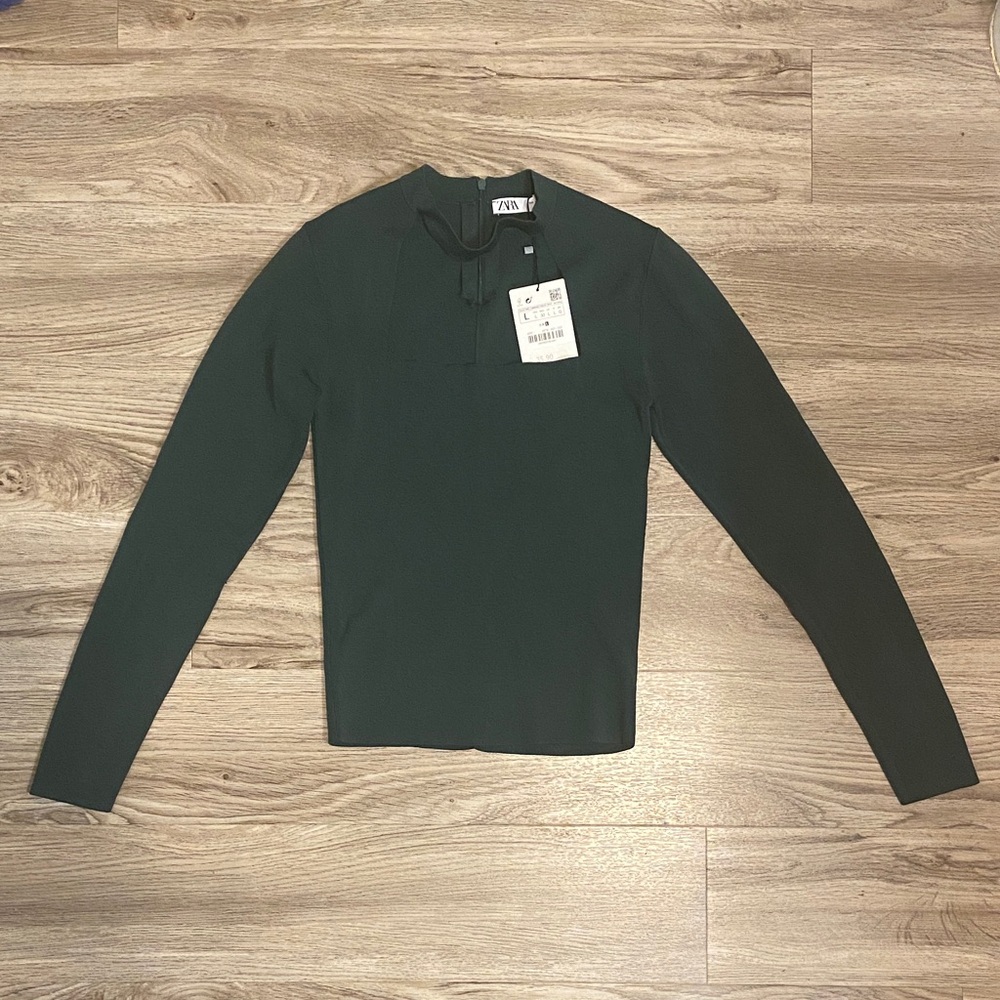 Zara Forest Green Cut Out Neck Choker Long Sleeve Blouse